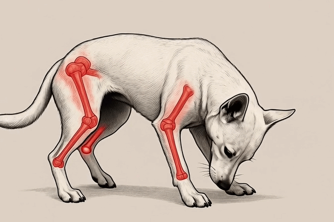 Diagram of a dog showing sore, inflamed leg joints