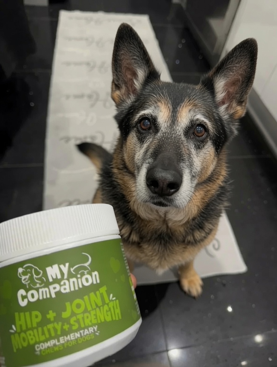 A senior German Shepherd sitting beside a tub of MyCompanion Hip + Joint chews